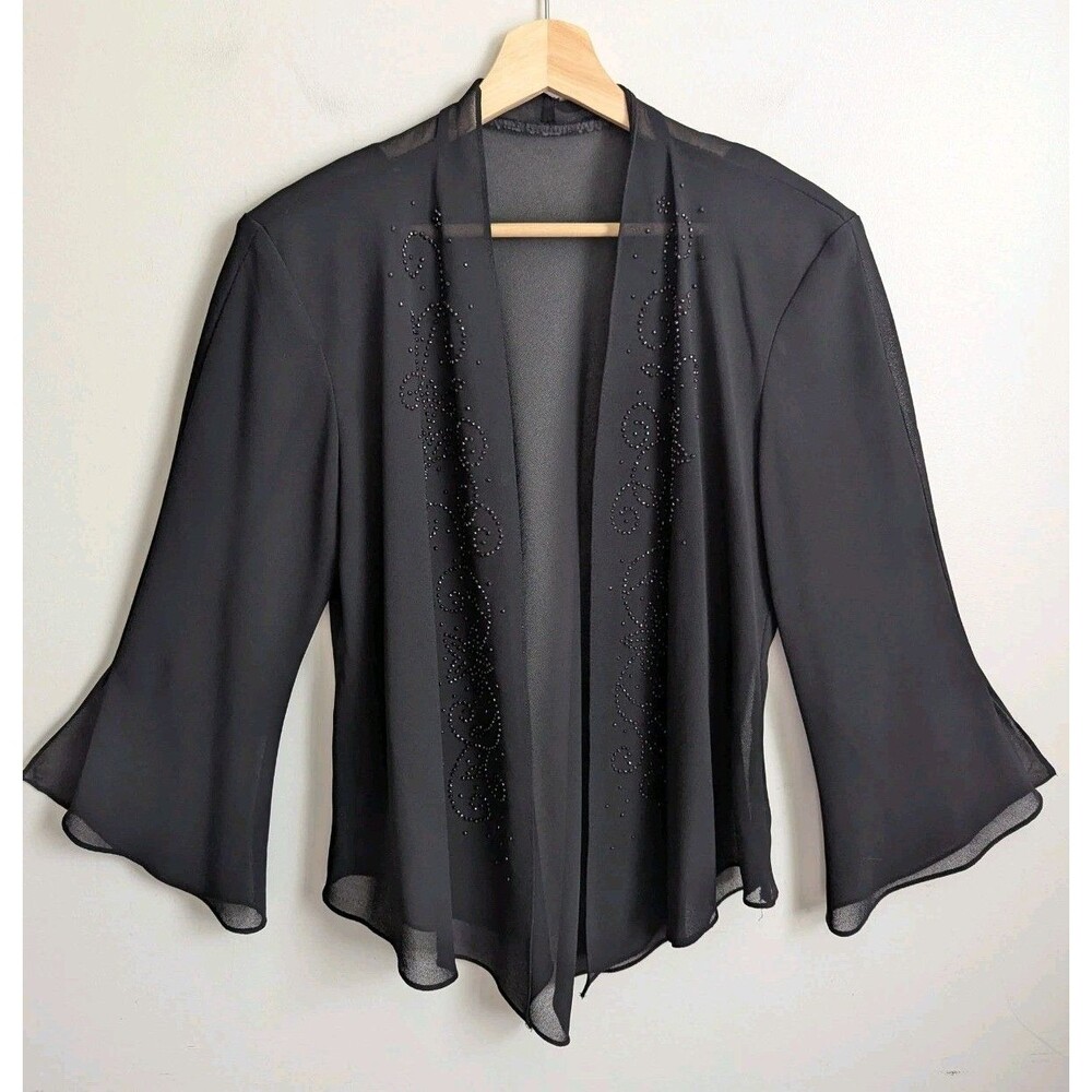Vintage Sheer Black Chiffon Beaded Kimono Cardigan Topper Gypsy Witchy Open S M
